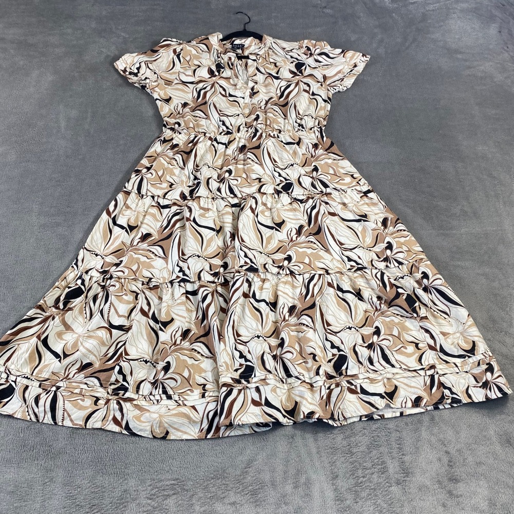Nicole Miller New York Floral Print Linen Blend Tiered Midi Dress Large
